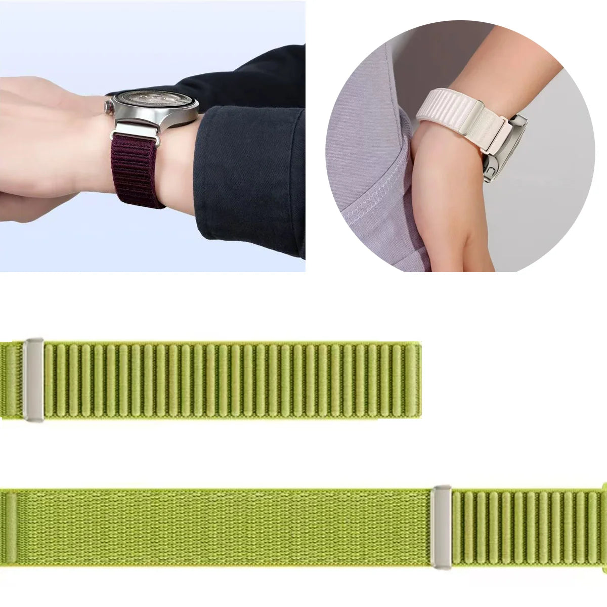 OnePlus Smartwatch Nylon Band Adjustable Velcro Sport Strap Bracelet on a wrist with multiple color options shown.