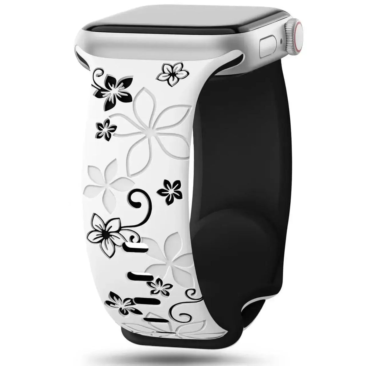 White / Black two-tone floral silicone Apple Watch band