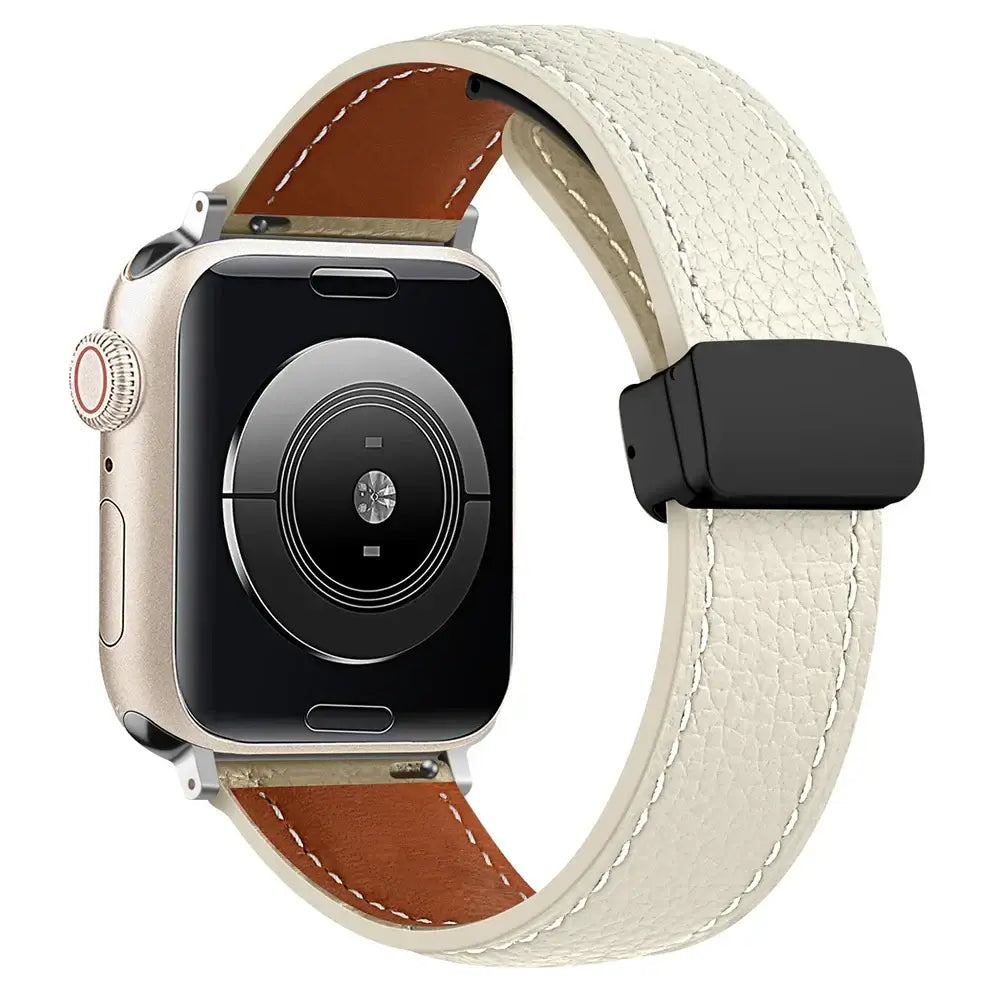 Stitched leather Apple Watch band in Ivory, with black folding clasp.