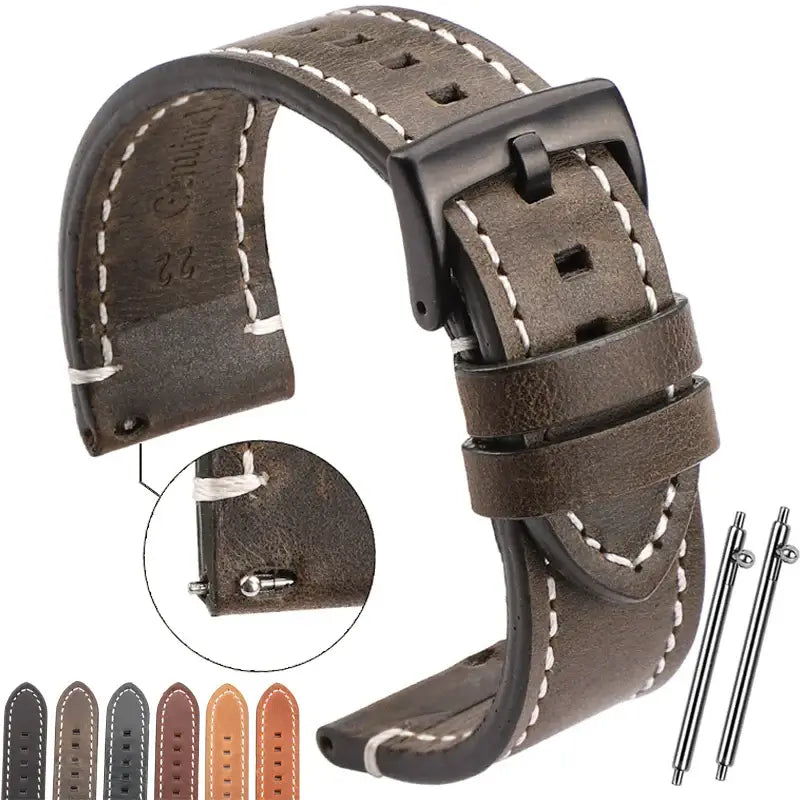 Contrast-stitched leather band with color previews and quick-release detail