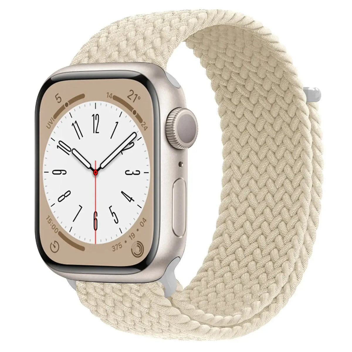 Ivory braided nylon Apple Watch band with hook-and-loop closure