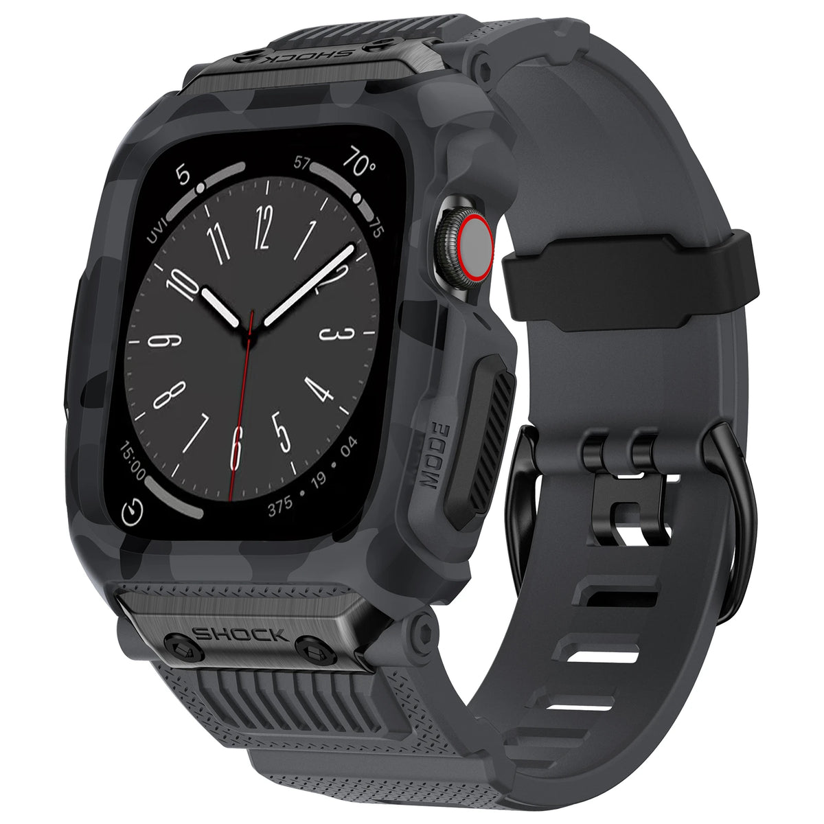 Rugged-Style Rubber Apple Watch Band with Case in Gray Camo