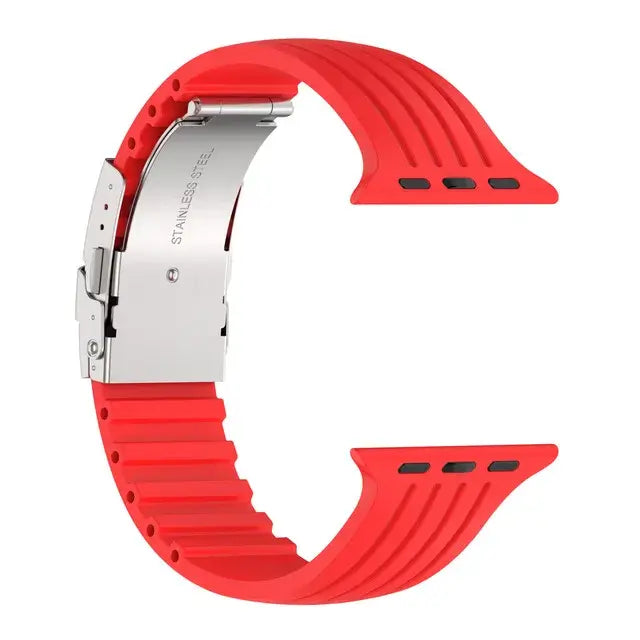 Red grooved silicone Apple Watch band with folding clasp