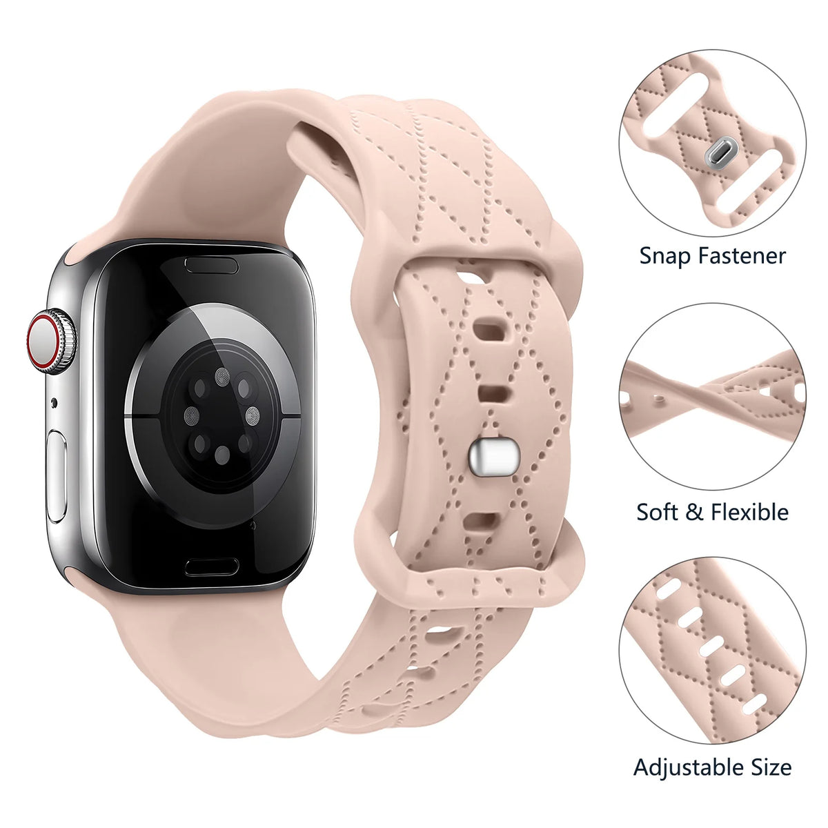 Pin closure and diamond-pattern detail for Apple Watch