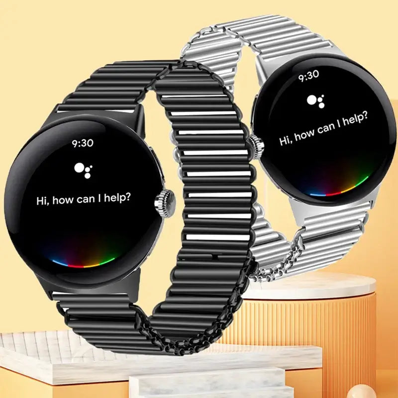 Black and silver ribbed steel Pixel Watch bracelets