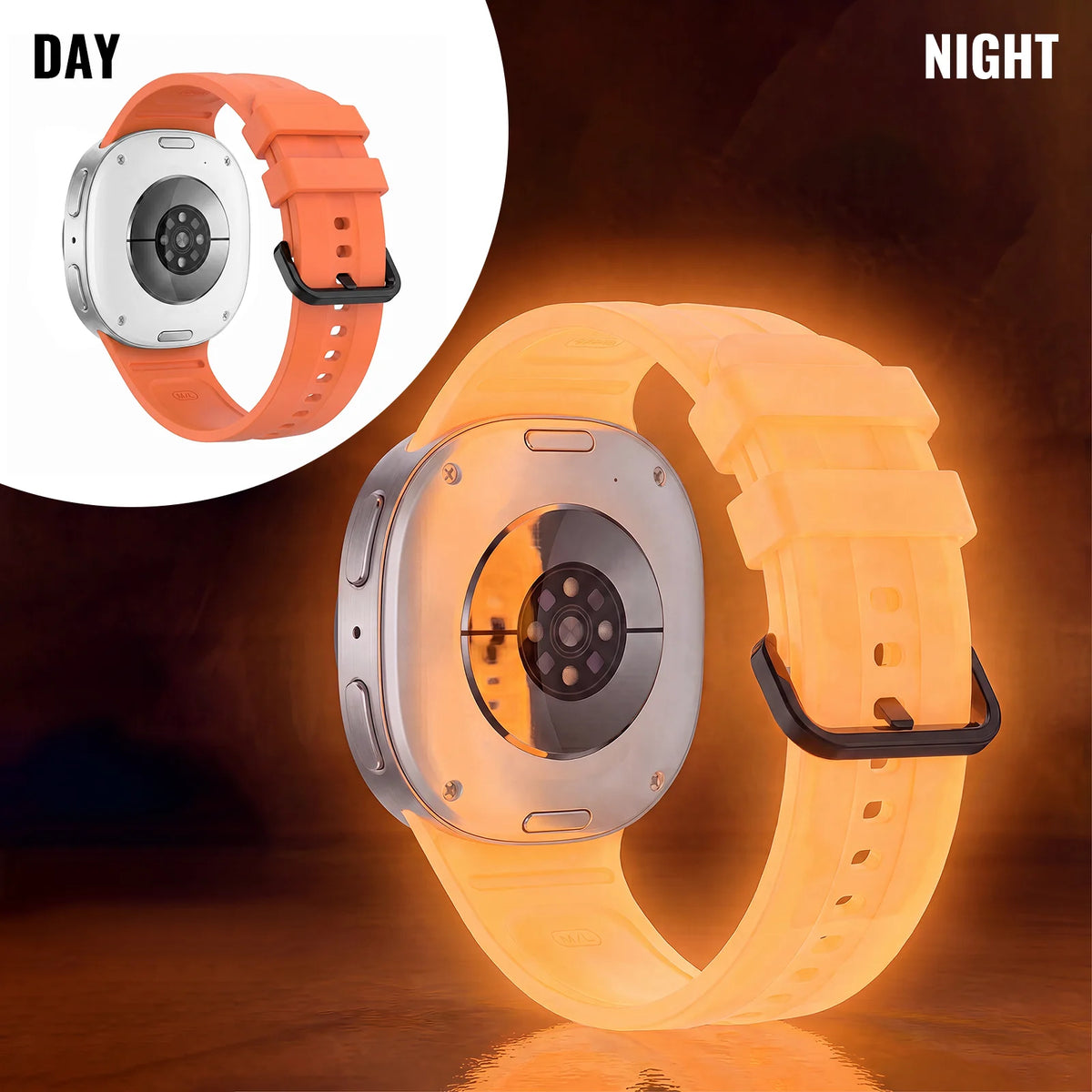 Samsung Galaxy Luminous Silicone Watch Band - Watch8/Watch8 Classic/Watch9 Neon Glow Strap in orange, glowing in the dark at night.