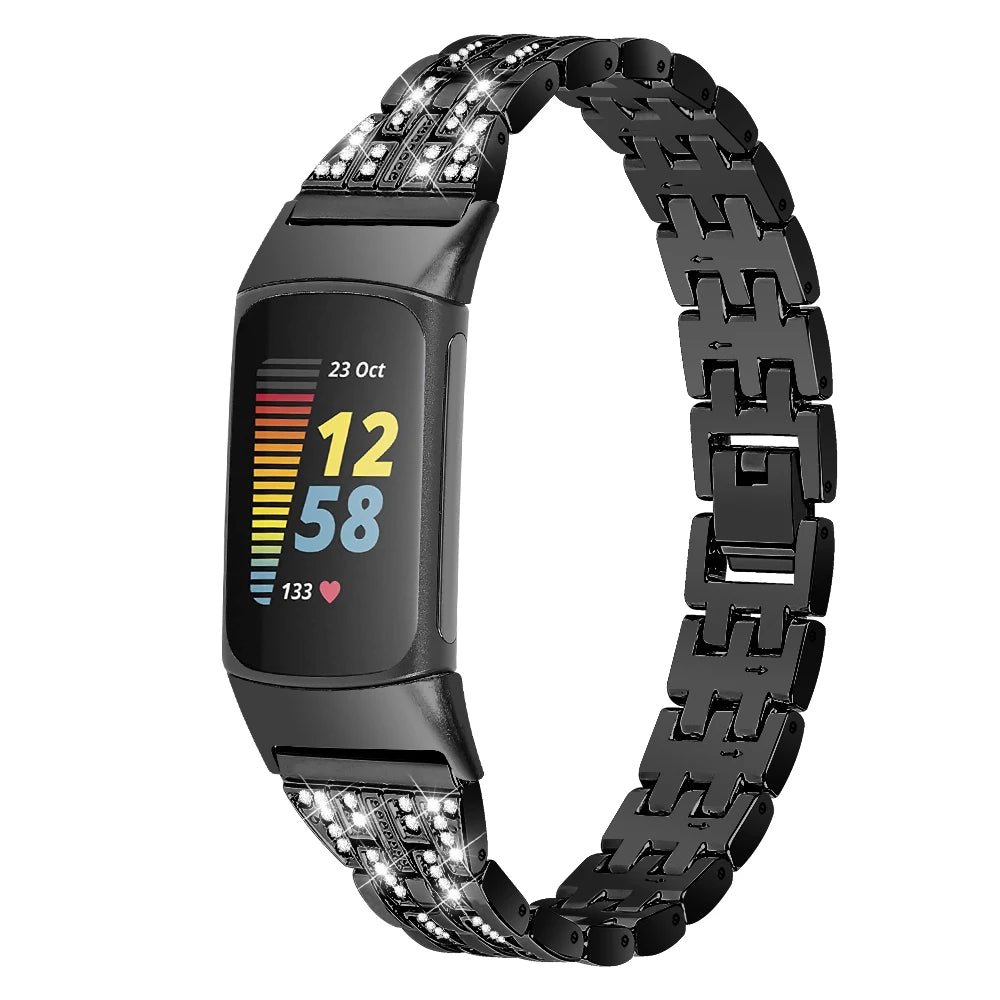 Fitbit Charge Rhinestone Triple-Row Metal Band - Black bracelet front view