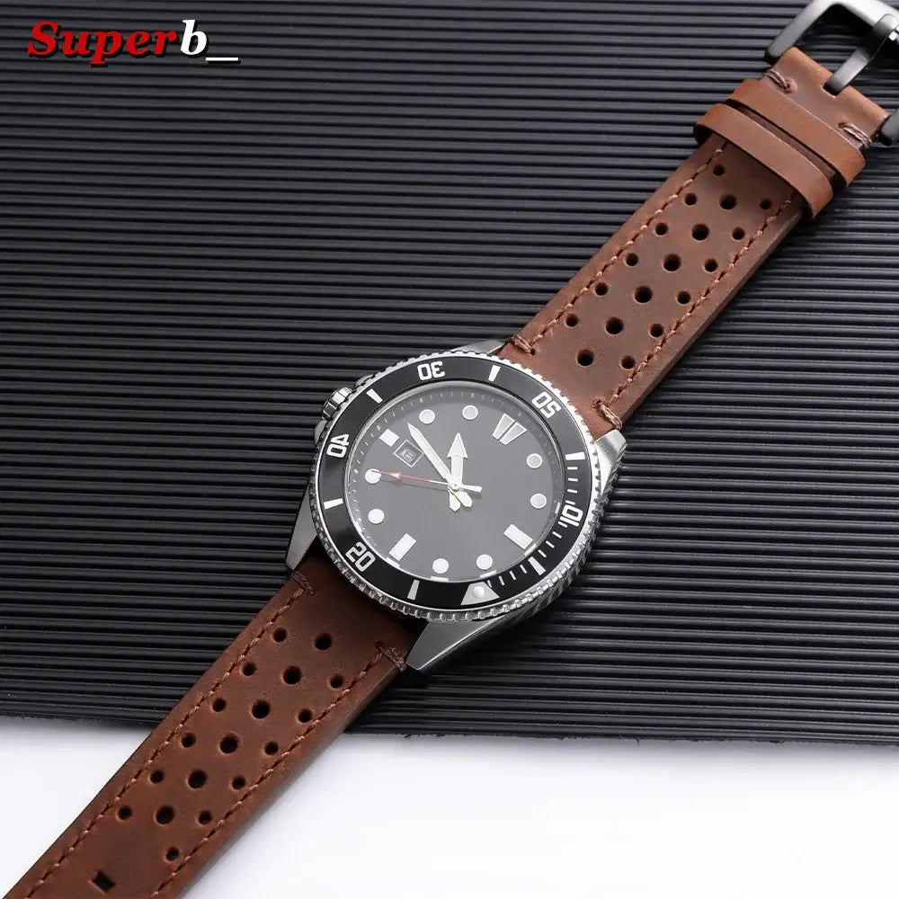 Brown perforated leather band on watch — BandsCo Straps