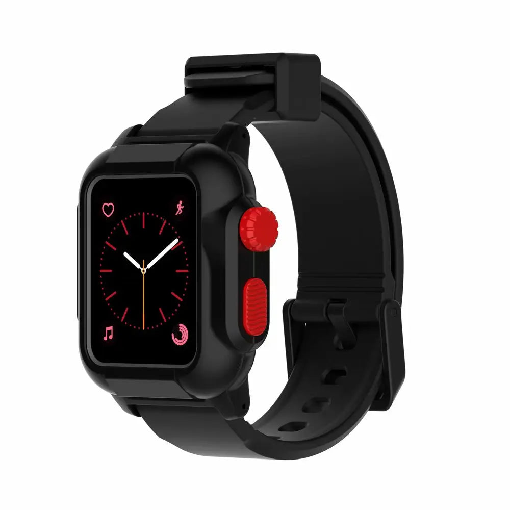 Silicone Apple Watch Band & Case - Solid, Camo & Luminous in Black / Black with Red Buttons