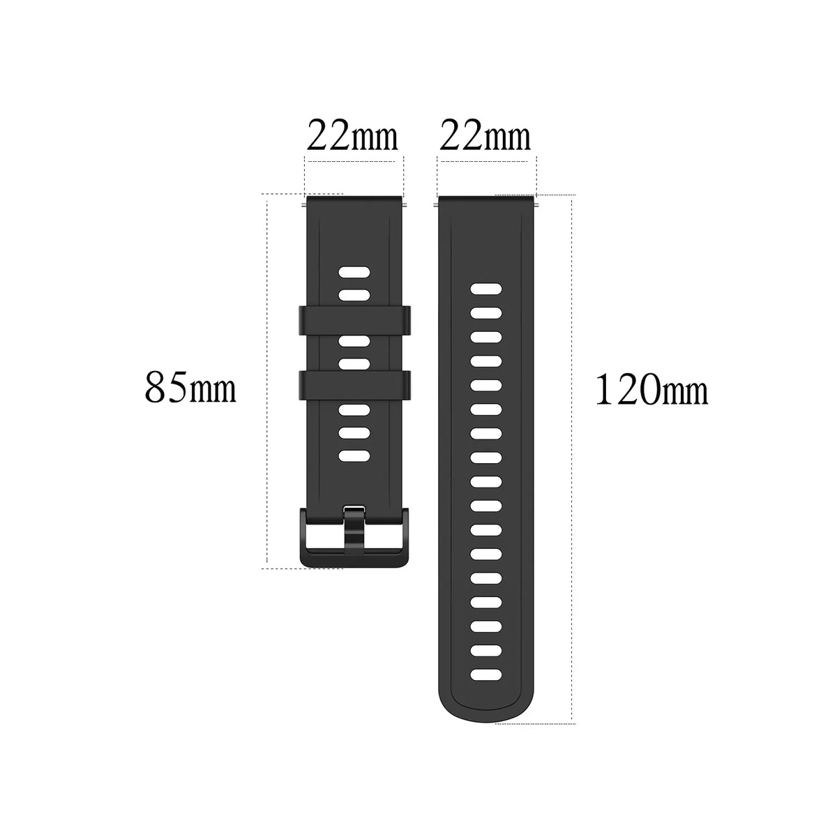 Silicone Pin Buckle Band for Motorola Moto — 22mm black strap section measurements