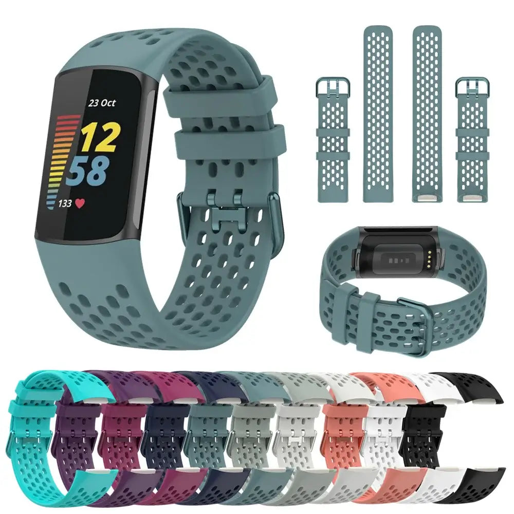 Fitbit Charge 5 & 6 Perforated Silicone Band slate blue band with strap views and color previews