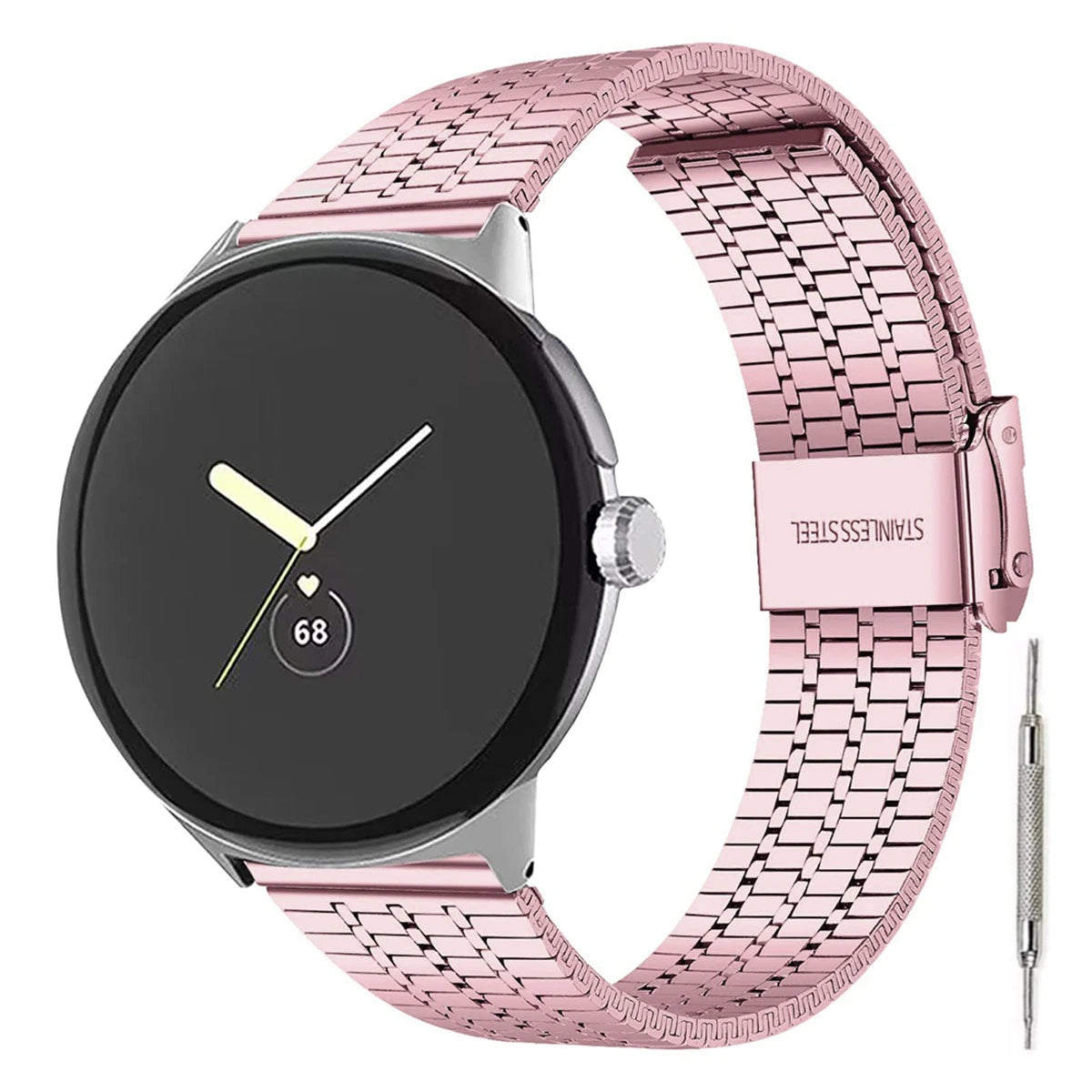Pink Google Pixel Watch 5, 4 and 3 Seven-Bead Stainless Steel Link Band