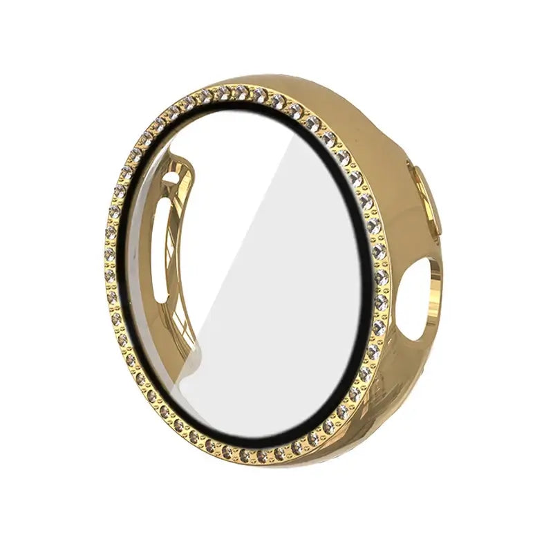 Bedazzled gold case and cover for Google Pixel Watch, featuring a sparkling design and durable protection. Ideal for style enthusiasts.