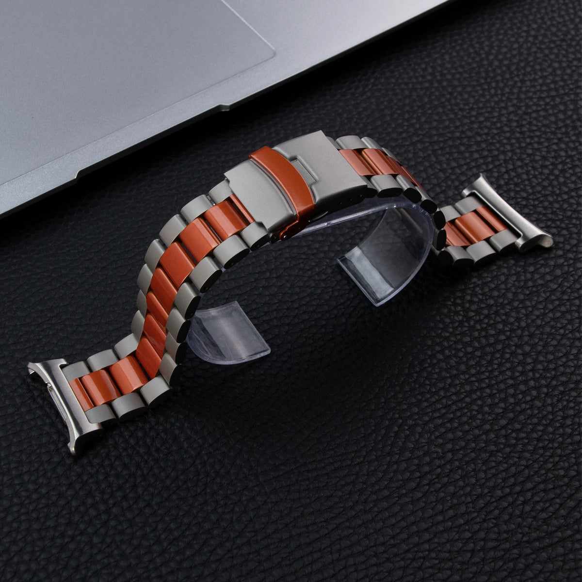 Samsung Galaxy Stainless Steel Link Watch Band - Ultra/Ultra2 with orange and silver link design on display.