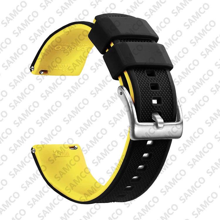 COROS Textured Silicone Watch Band with Buckle Choices - Black / Yellow - Silver Buckle