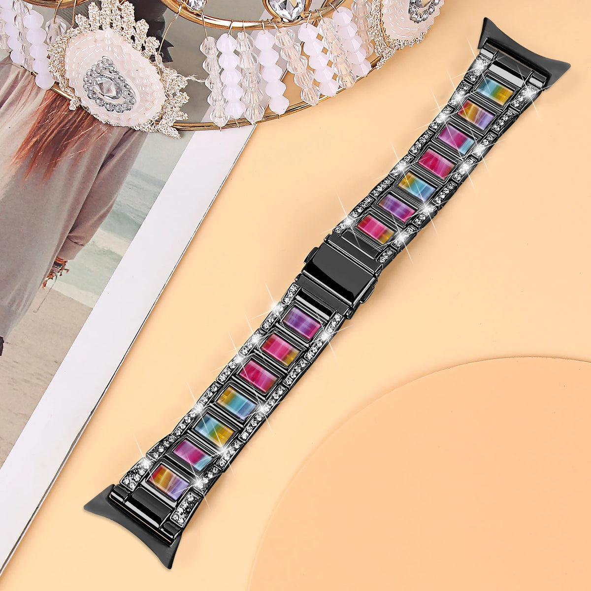 Black / Multicolor Google Pixel Watch 5, 4 and 3 41mm Resin Inlay Link Bracelet Band