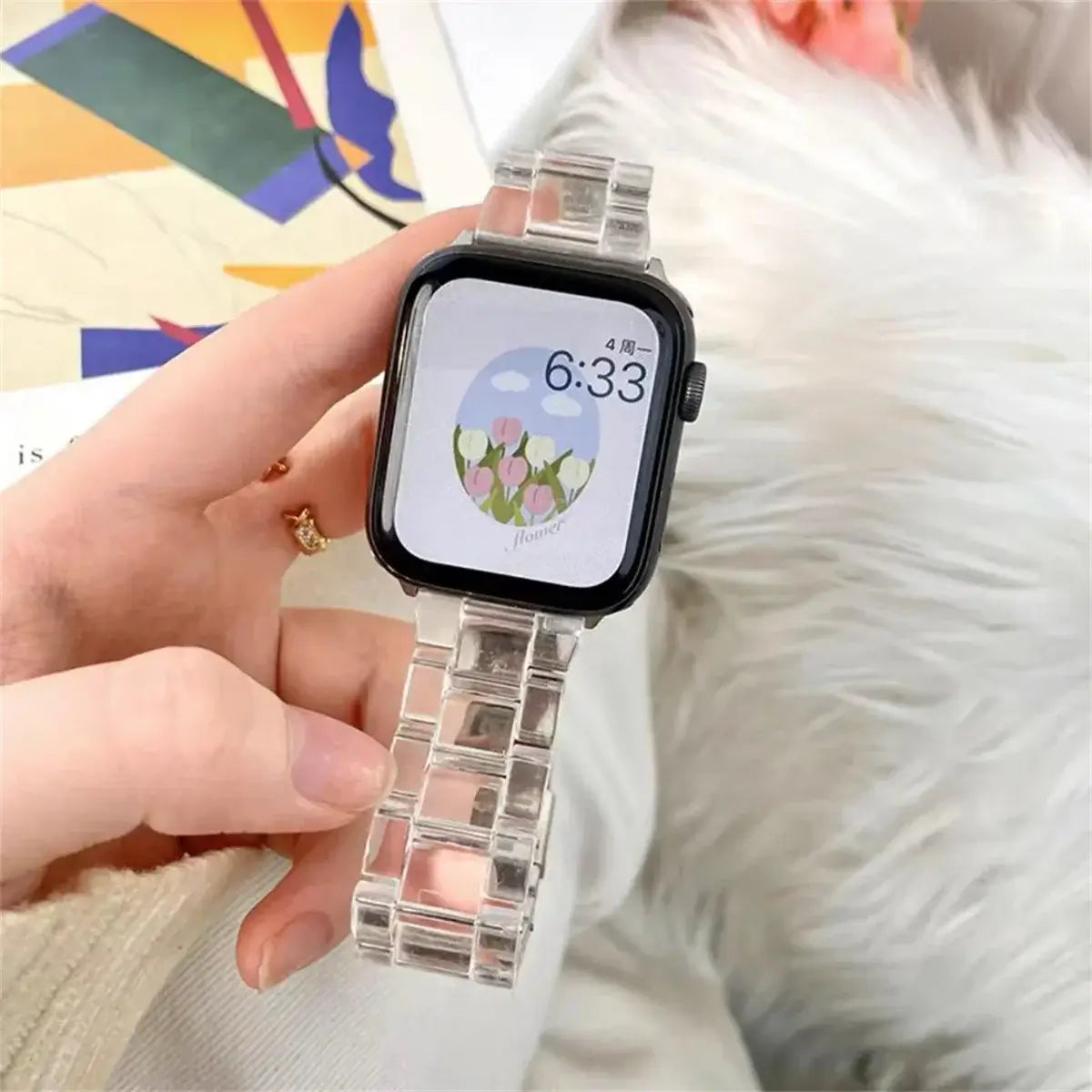 Iridescent resin Apple Watch band close-up