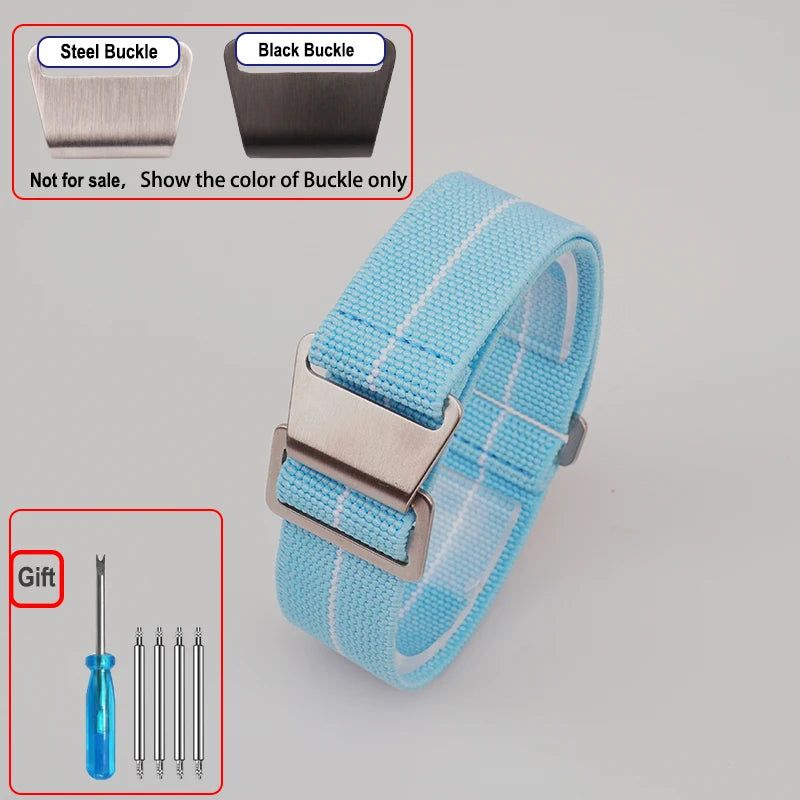 OnePlus Smartwatch Bands Nylon Elastic Parachute Fabric Watch Strap in blue with steel buckle and screwdriver for installation.
