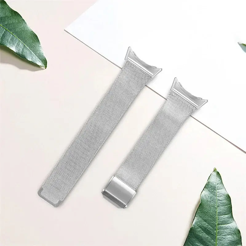 Silver mesh strap laid flat
