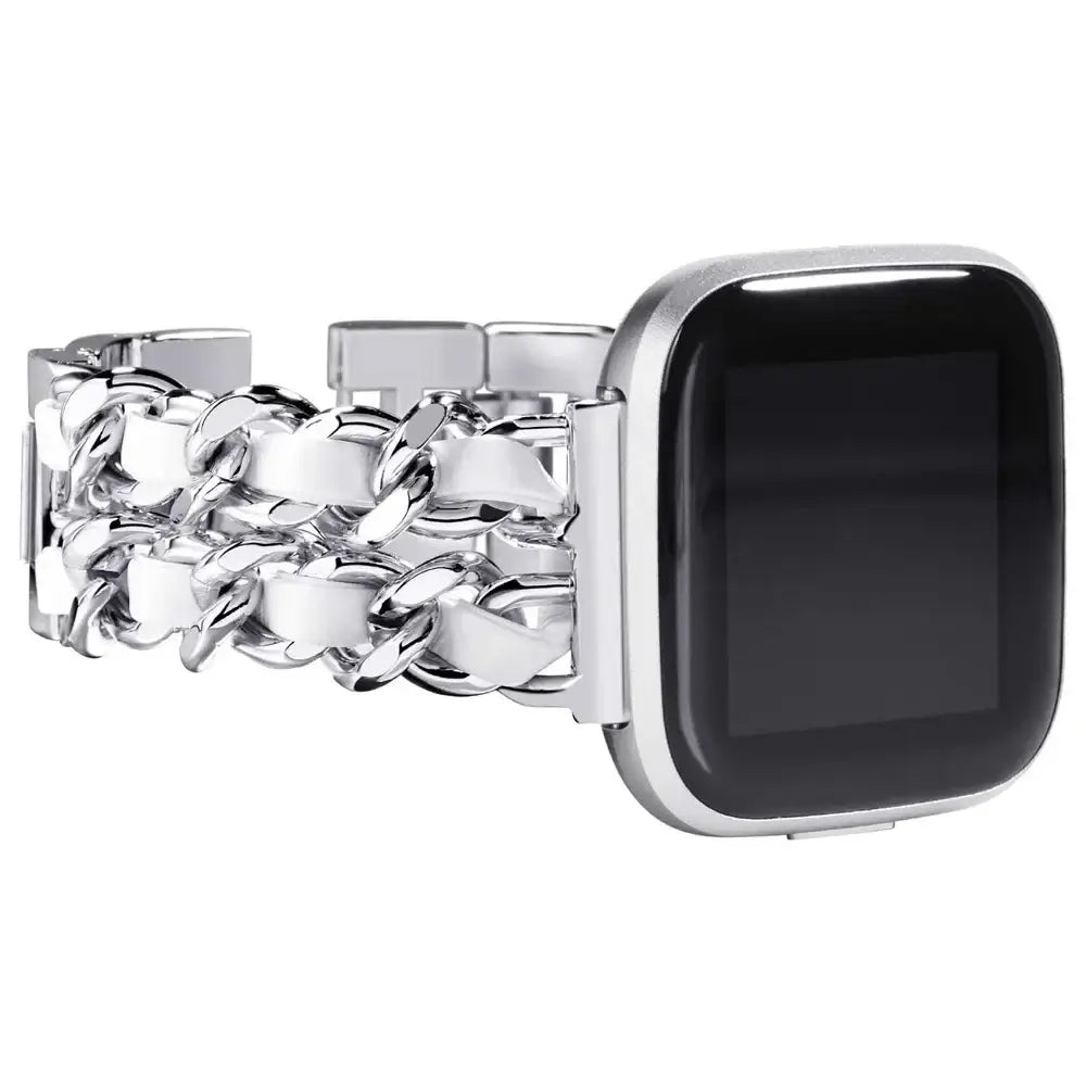 Fitbit Versa & Sense Leather-Woven Chain Band - Silver / White Leather
