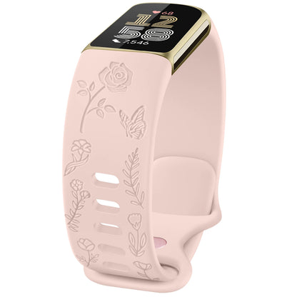 Light Pink Fitbit Charge 5 and 6 Floral Engraved Band, Soft TPU