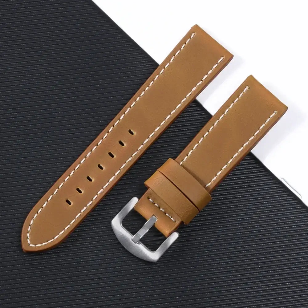 Leather Band with Stitching Options in Tan / White Stitching, with silver buckle shown for compatible Huawei watches