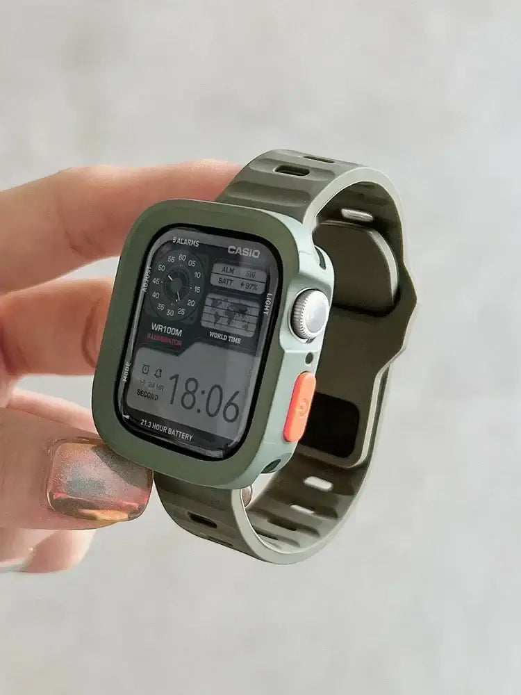 Olive Green Apple Watch silicone band and bumper case; case color listed first for two-color combinations.