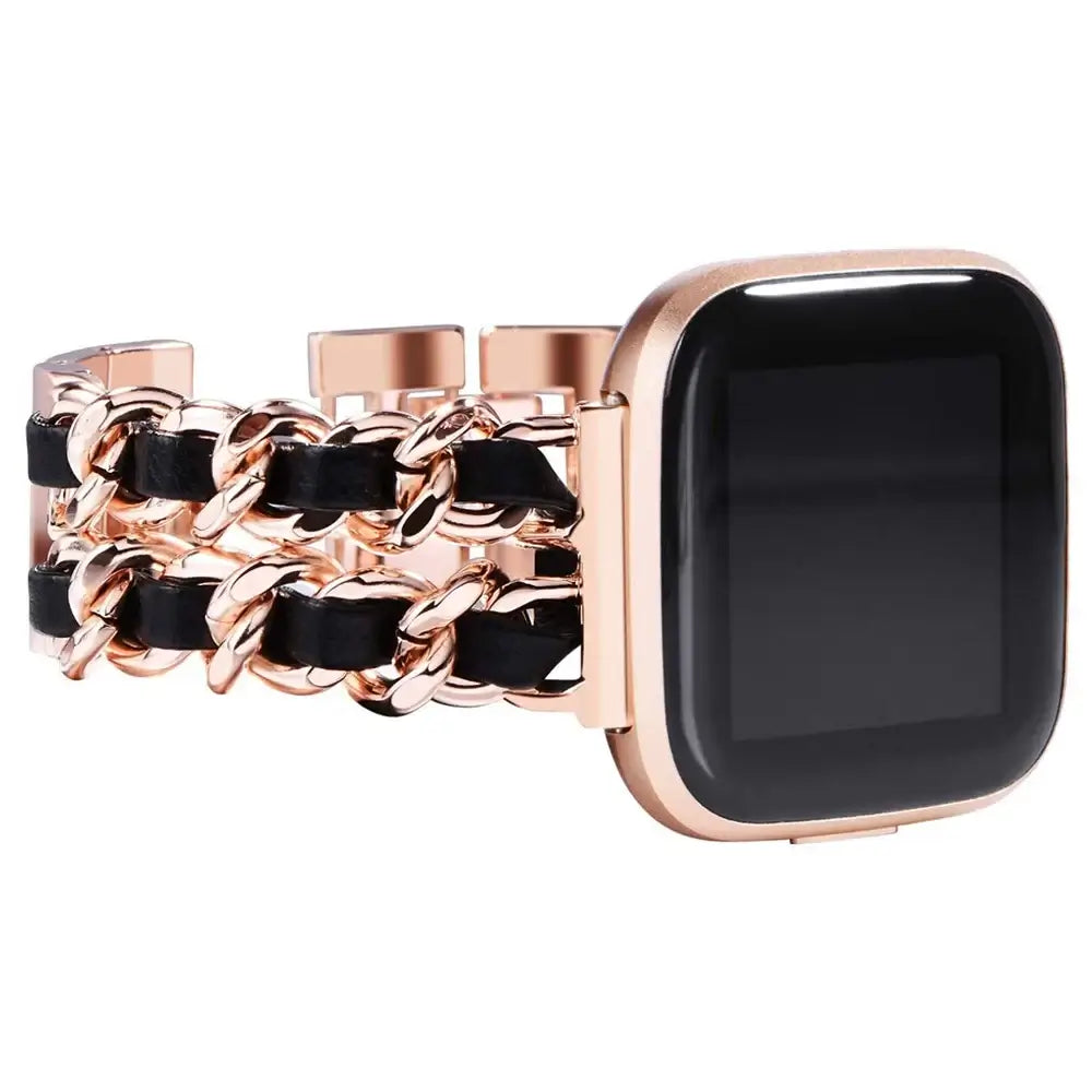 Fitbit Versa & Sense Leather-Woven Chain Band - Rose Gold / Black Leather