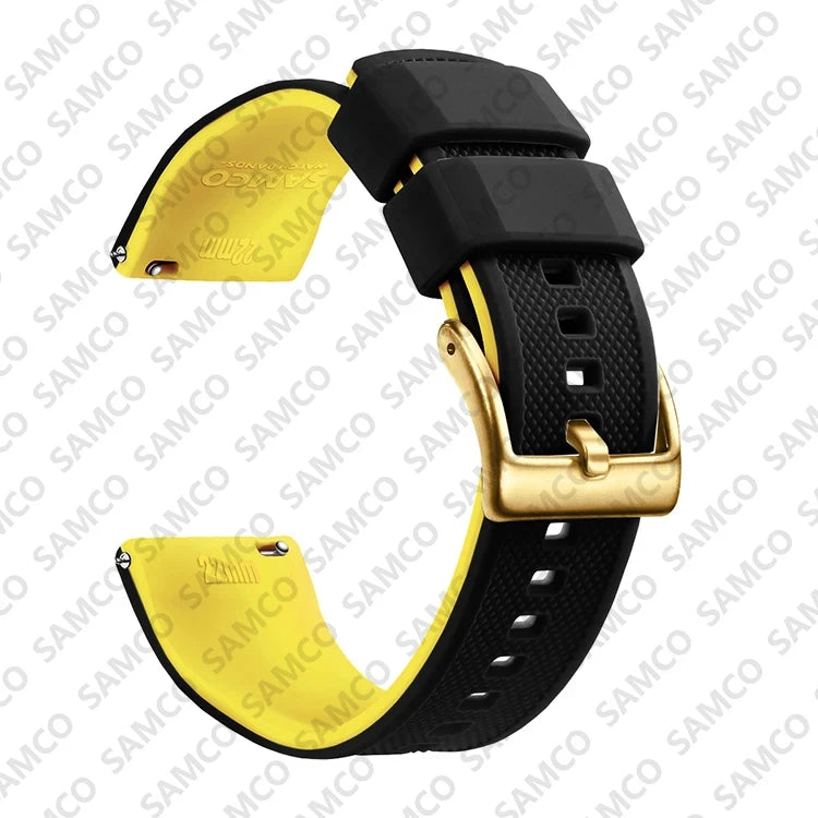 OnePlus Watch Band Quick Release Silicone Strap Sweat Resistant Black with yellow accents and gold buckle.