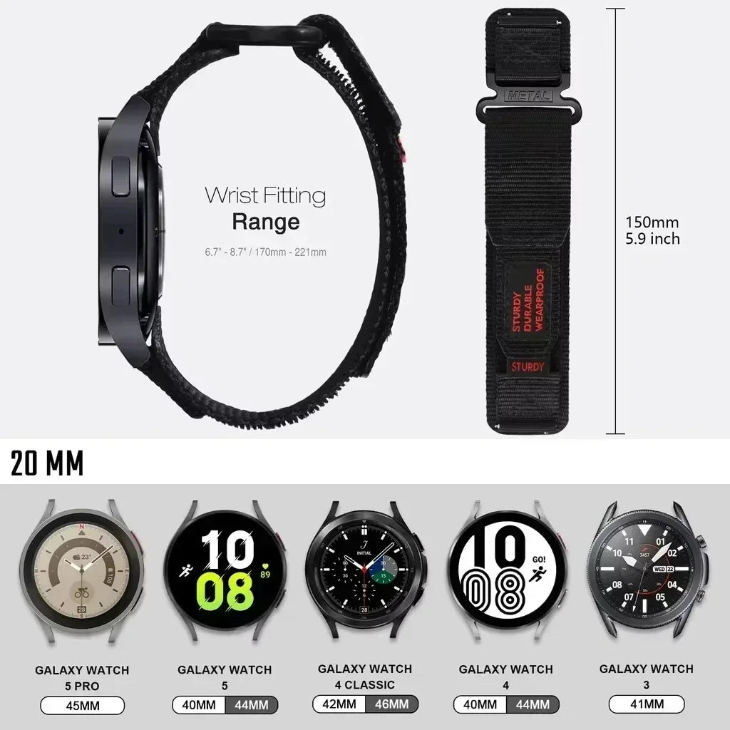 Motorola Moto Nylon Hook-and-Loop Band in Solid and Camo Colors — Strap fit diagram and supplier watch examples