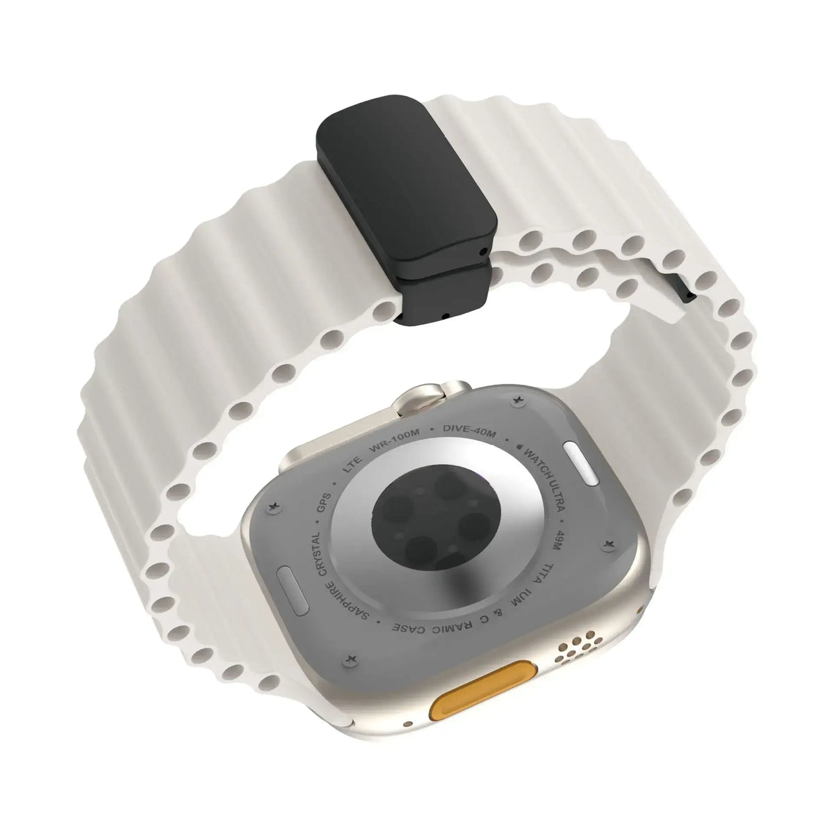 White ridged silicone Apple Watch band showing clasp and watch underside