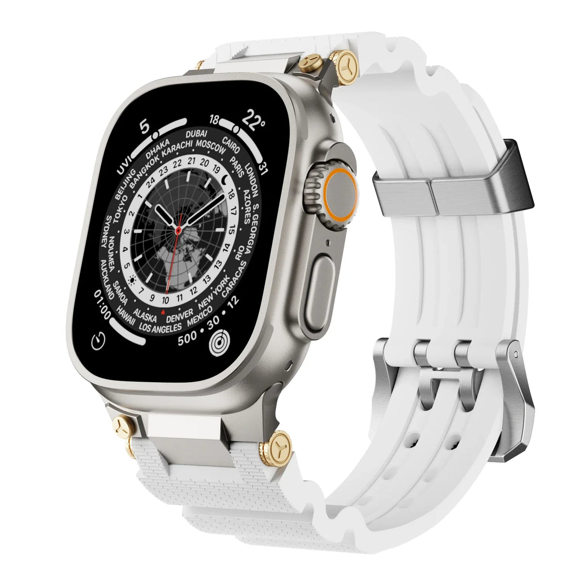 Textured Silicone Apple Watch Band with Double-Prong Buckle in Titanium Tone / White