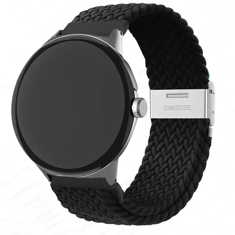 Black braided nylon Pixel Watch band with rectangular metal clasp