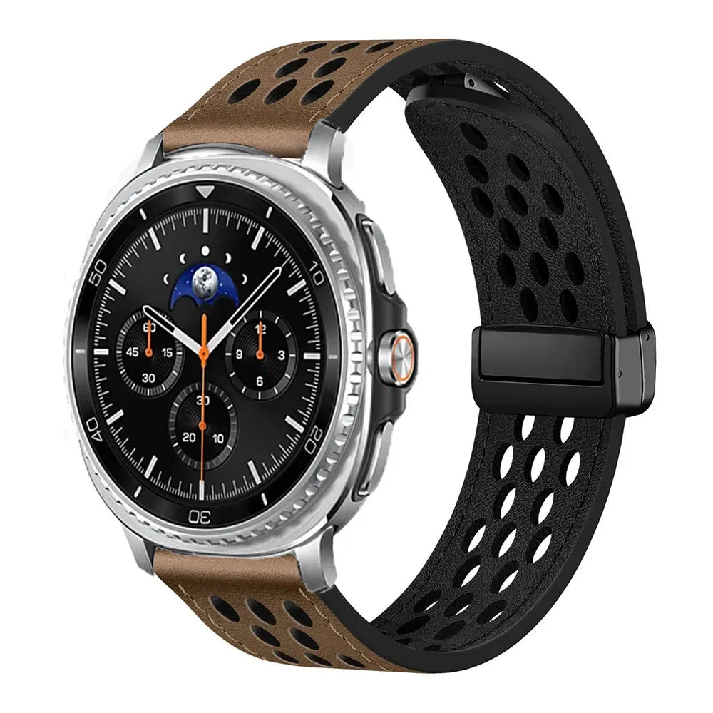 Samsung Galaxy Perforated Sport Watch Band - Magnetic 8/9/Ultra/Ultra2 in gray brown with silver connector on a smartwatch.