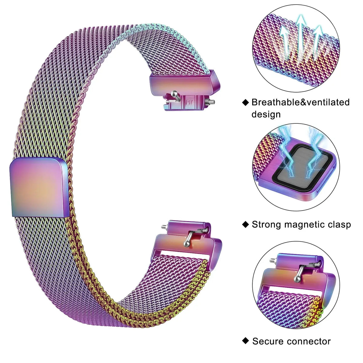 Fitbit Inspire 1/2/HR Magnetic Steel Mesh Band - Iridescent mesh and magnetic closure details