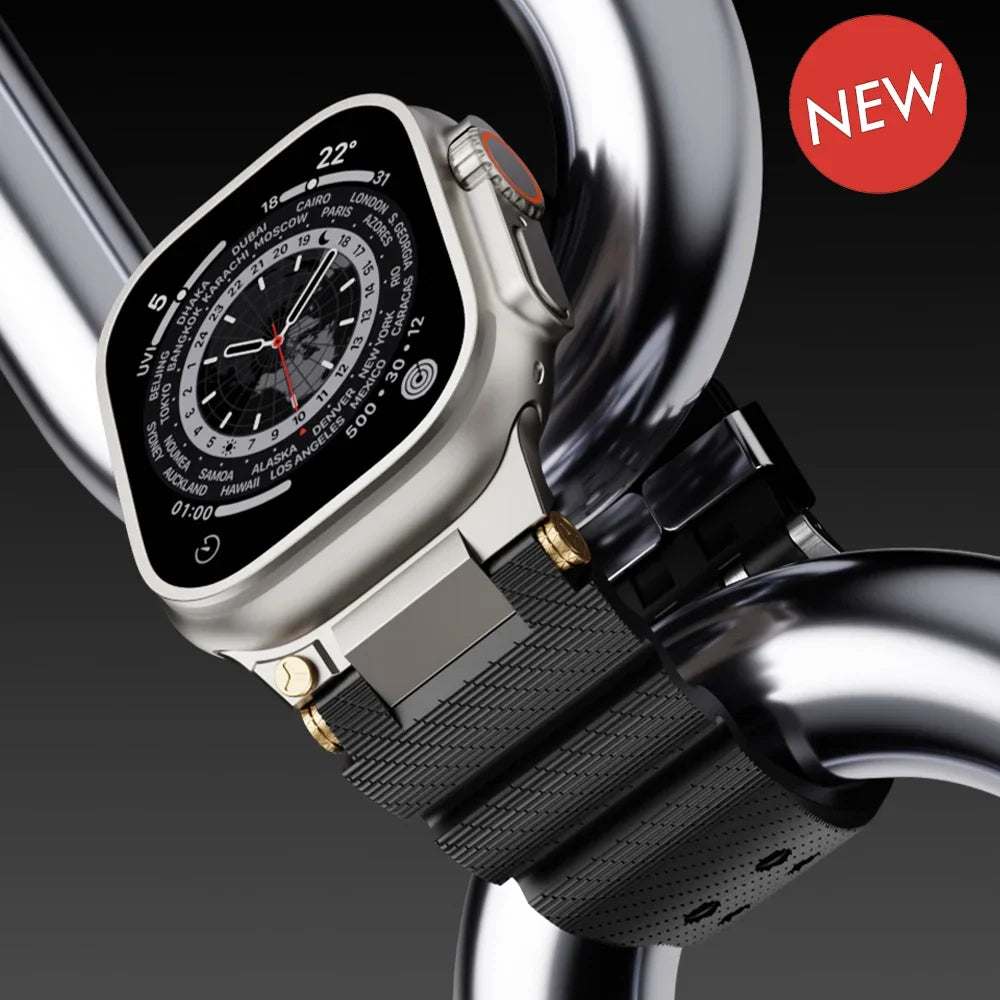 Black textured silicone strap and metal connector detail for Apple Watch