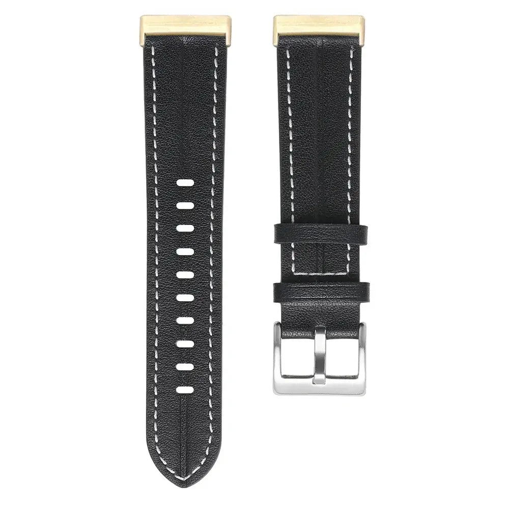 Fitbit Versa & Sense Contrast-Stitched Leather Band - Black strap front view