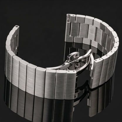 Garmin Brushed Stainless Steel Bracelet — butterfly clasp close-up