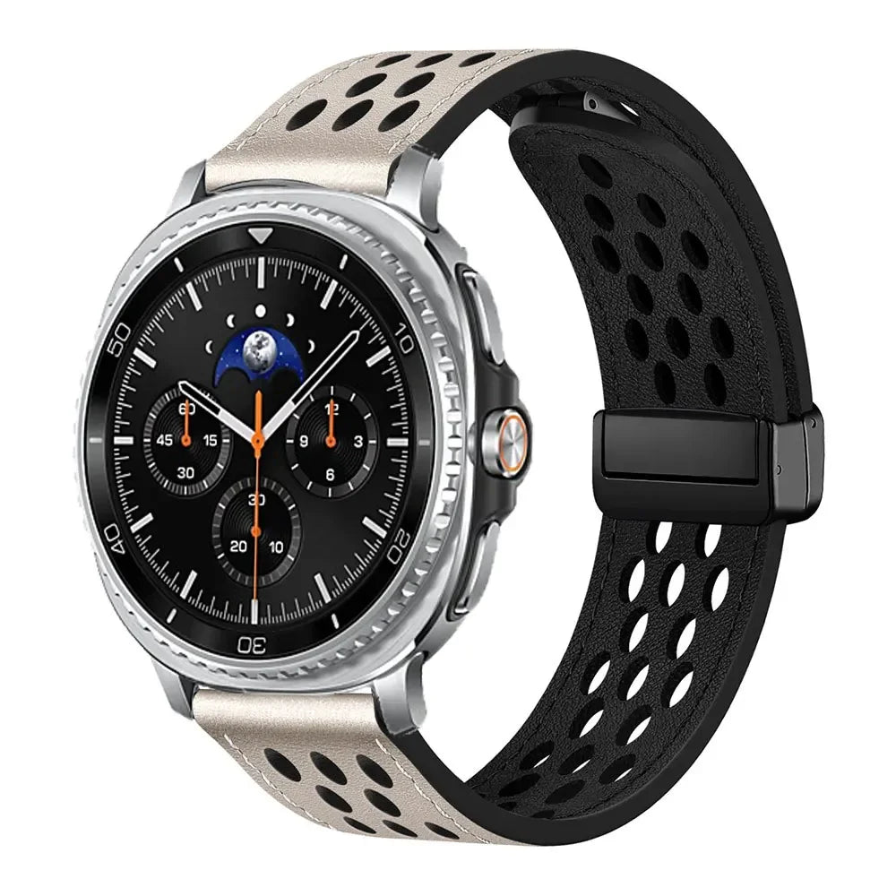 Samsung Galaxy Perforated Sport Watch Band - Magnetic 8/9/Ultra/Ultra2 on smartwatch with black and silver design.