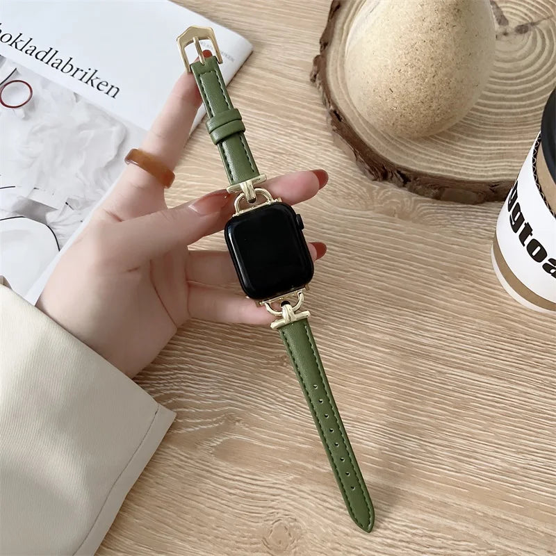 Gold / Olive Green slim leather Apple Watch band with decorative connectors