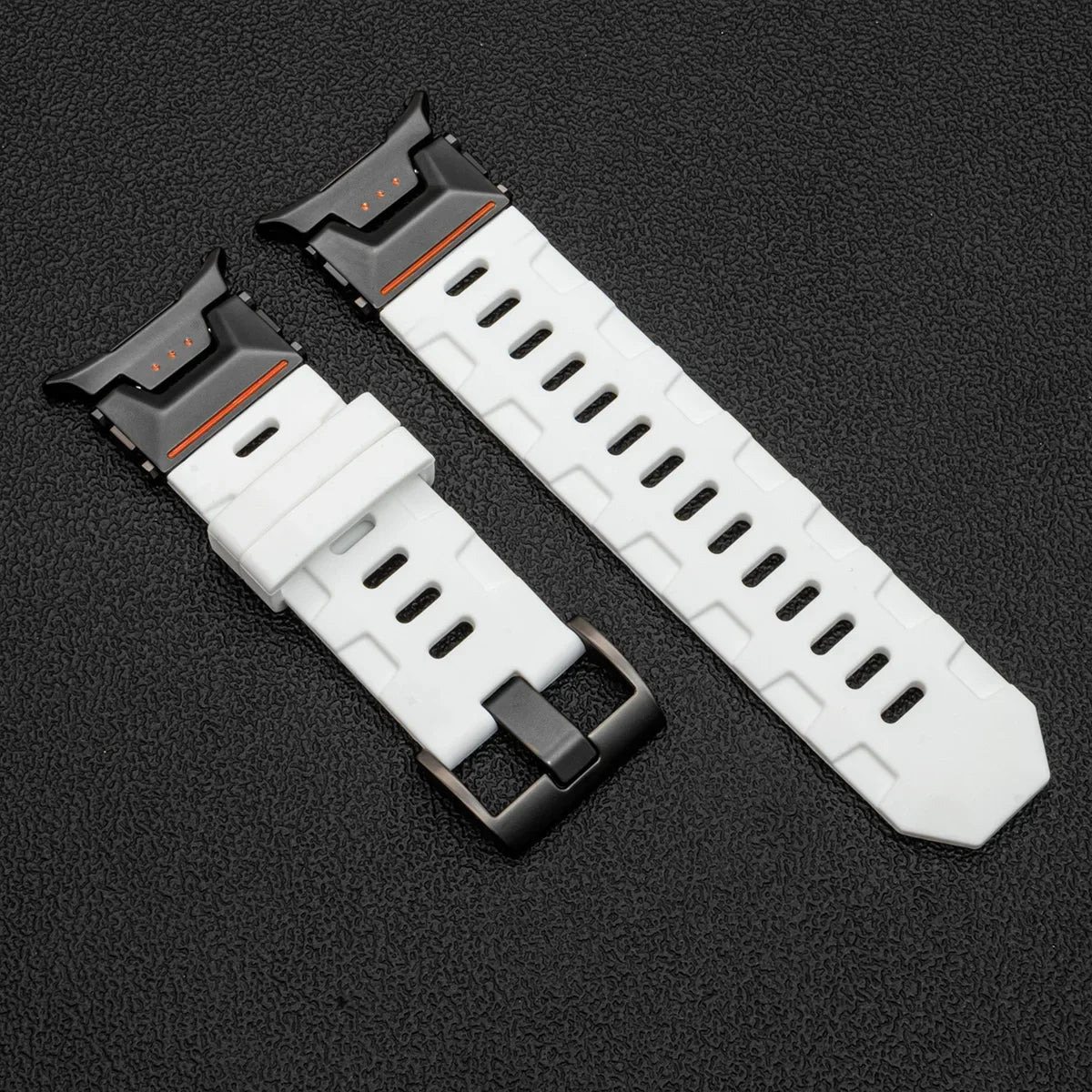 Samsung Galaxy Silicone Sport Watch Band - Ultra/Ultra2 No Gaps, white and black silicone band for a seamless fit.
