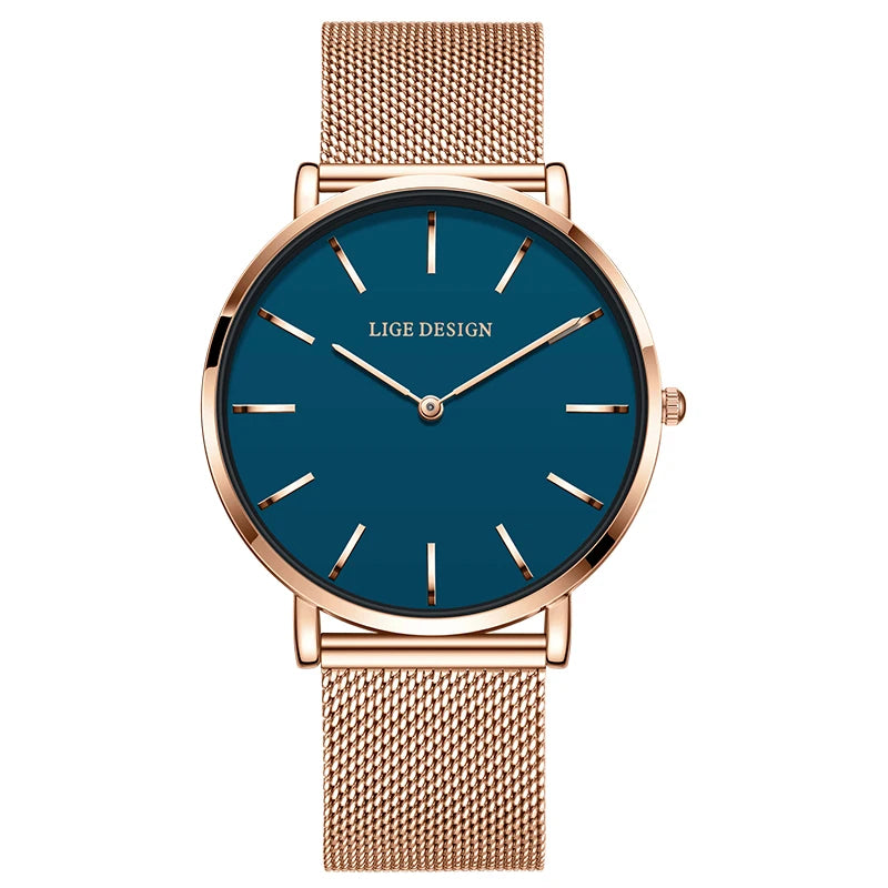 Women's Minimalist Quartz Watch with Stainless Steel Mesh Band — Rose Gold Tone / Blue Dial