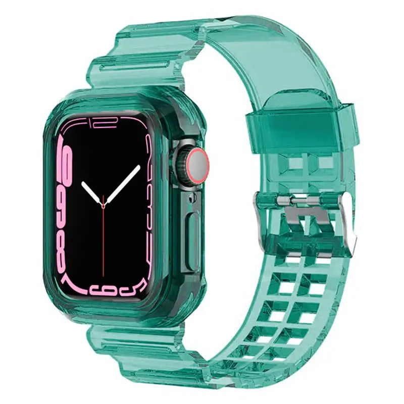 Clear Teal Apple Watch band with bumper case and buckle