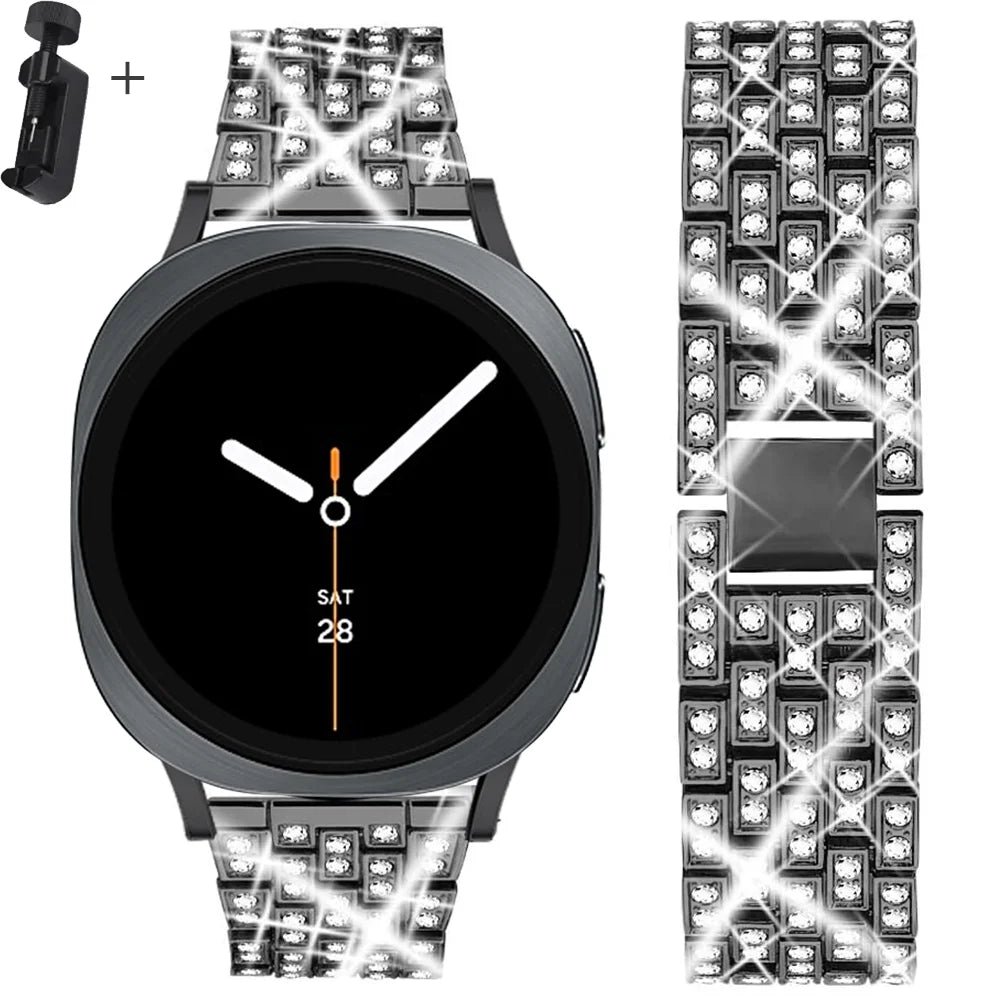 Samsung Galaxy Diamond Stainless Watch Band - Watch8/Watch8 Classic/Watch9 in black with luxurious diamond grid design.