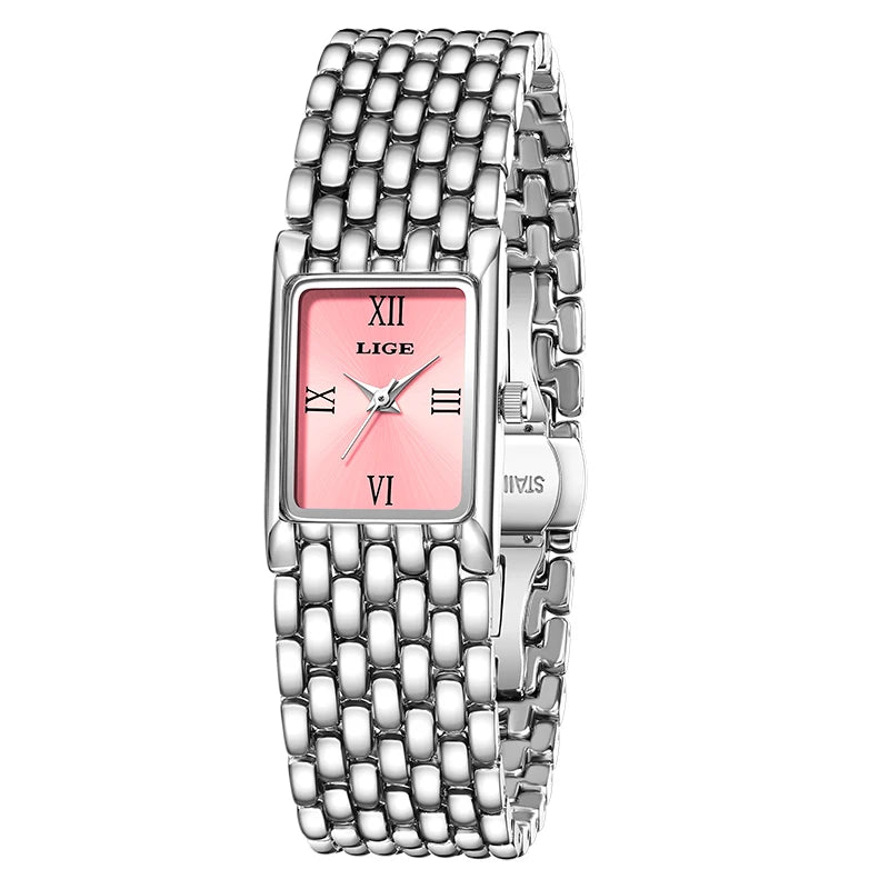 Women's Rectangular Roman Dial Bracelet Watch — Silver Tone / Pink Dial — BandsCo Straps