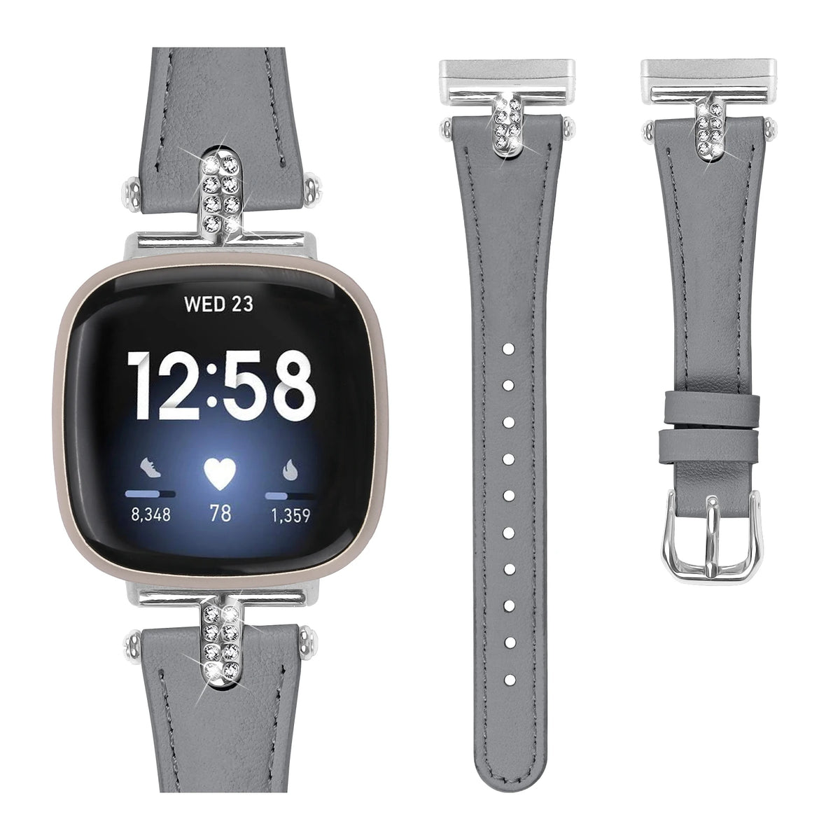 Gray Fitbit Versa 4, Versa 3, Sense 2 and Sense Tapered Band, Sparkly Links