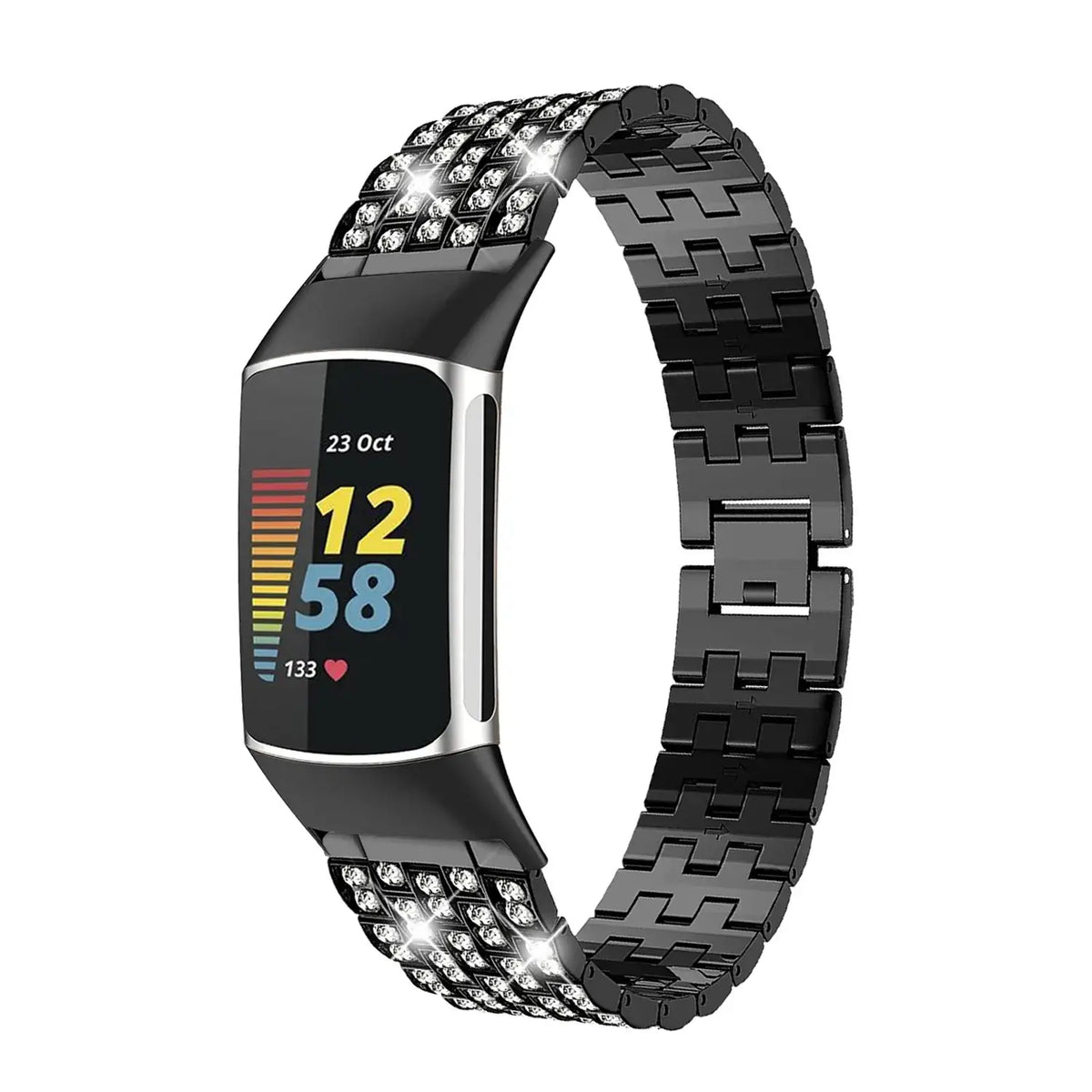 Fitbit Charge Crystal-Accent Metal Link Band black crystal-accent band shown on a tracker