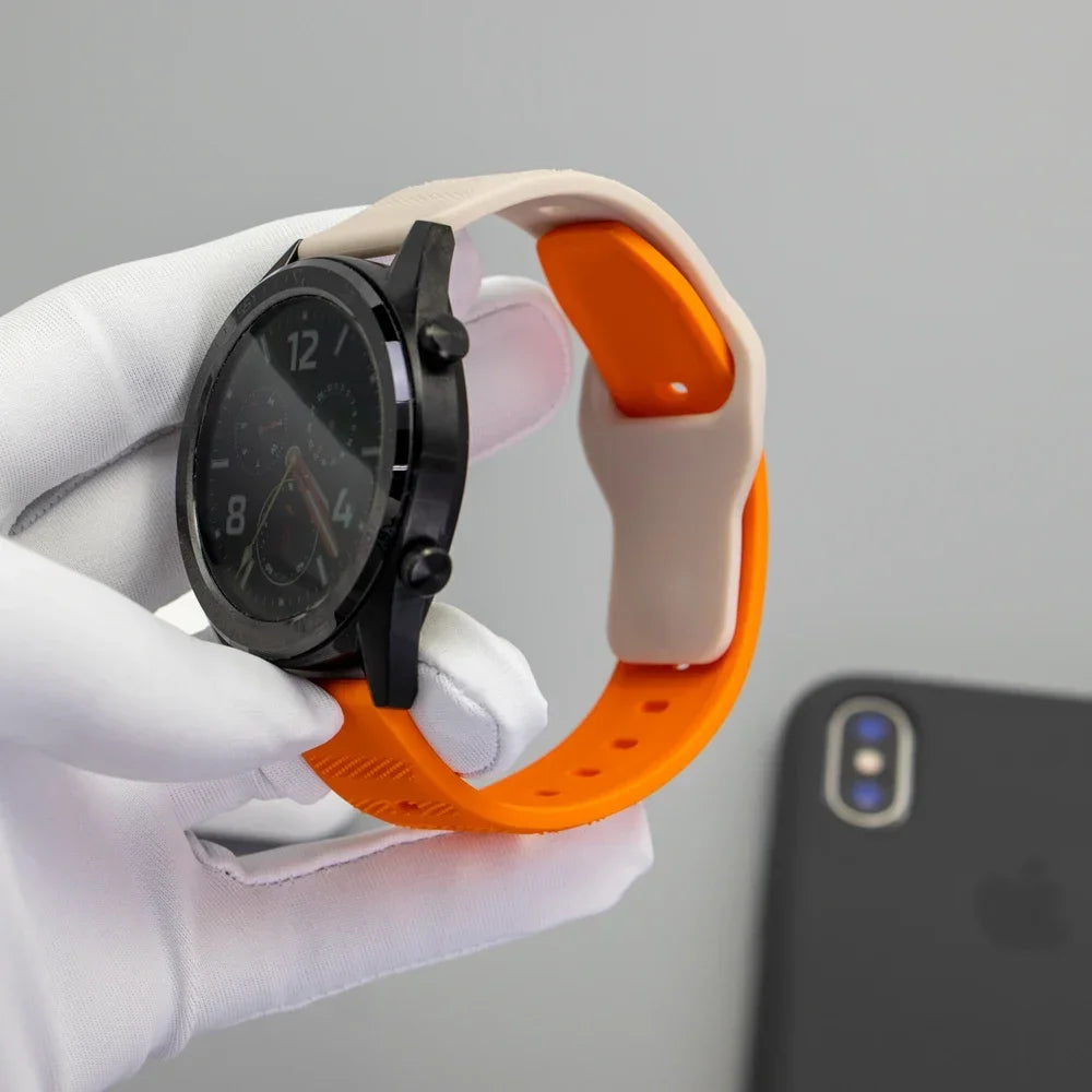 OnePlus Smartwatch Bands Silicone Sport Strap Bracelet Replacement shown on a black watch with orange and beige colors.