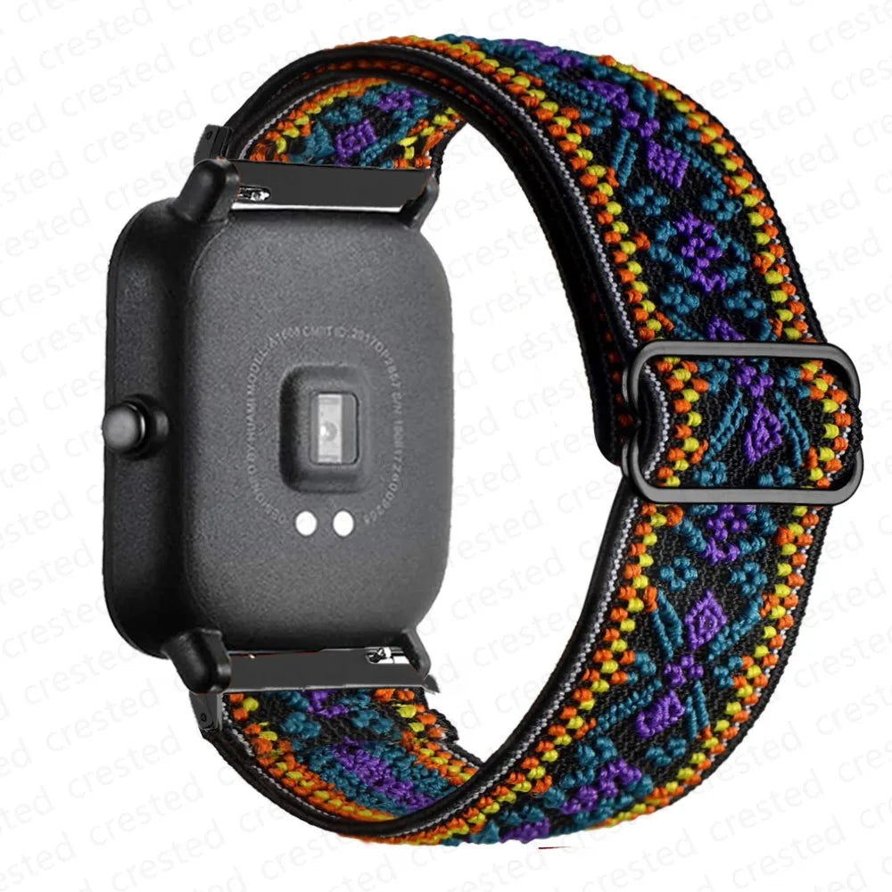 OnePlus Smartwatch Nylon Loop Band - Breathable Sport Wrist Strap on a colorful patterned wrist strap for comfort and style.