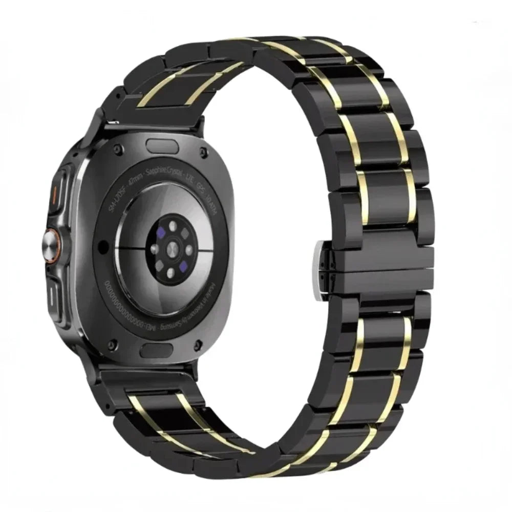 Samsung Galaxy Ceramic Bracelet Watch Band For Watch8/Watch8 Classic/Watch9/Ultra/Ultra2 in black gold color with elegant design.